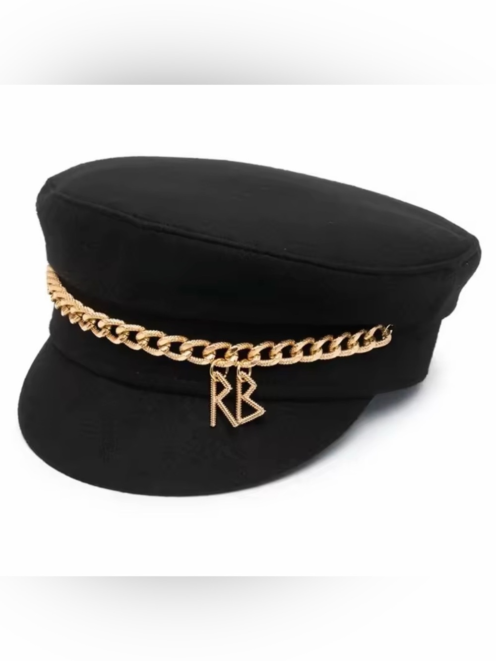 Black Chain-Trim Baker Boy Cap with Gold RB Charm